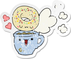 distressed sticker of a cute cartoon donut and coffee png