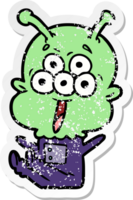 distressed sticker of a happy cartoon alien png