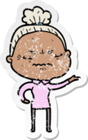 distressed sticker of a cartoon annoyed old lady png