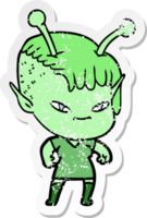 distressed sticker of a cute cartoon alien girl png