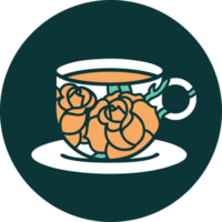 icône de style tatouage d'une tasse et de fleurs png