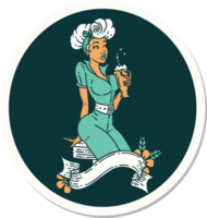 tattoo style sticker of a pinup girl drinking a milkshake with banner png