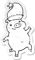 distressed sticker of a cartoon happy christmas pig png