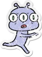 distressed sticker of a cartoon three eyed alien png