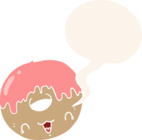 lindo donut de dibujos animados y burbuja de habla en estilo retro png