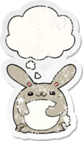 lapin de dessin animé et bulle de pensée comme un autocollant usé en détresse png