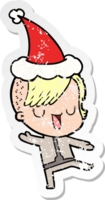 cute distressed sticker cartoon of a girl with hipster haircut wearing santa hat png