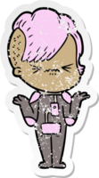distressed sticker of a cartoon annoyed hipster girl wearing space suit png