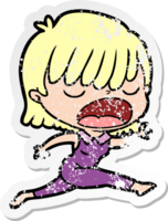 distressed sticker of a cartoon woman talking loudly png