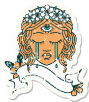 grunge sticker with banner of female face with third eye crying png