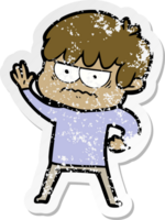 distressed sticker of a annoyed cartoon boy png