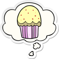 cartoon cupcake en gedachte bel als een gedrukte sticker png