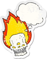 spooky cartoon flaming skull and thought bubble as a distressed worn sticker png