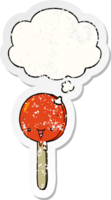 cartoon candy lollipop and thought bubble as a distressed worn sticker png