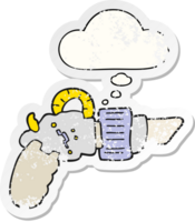 cartoon ray gun and thought bubble as a distressed worn sticker png