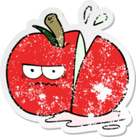 distressed sticker of a cartoon angry sliced apple png