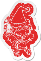 happy cartoon distressed sticker of a elf girl wearing santa hat png