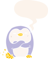 dessin animé pingouin tapant du pied et bulle de dialogue dans un style rétro png