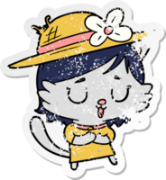 distressed sticker of a cartoon cat wearing hat png