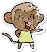 distressed sticker of a crazy cartoon monkey in dress pointing png