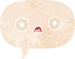 cute cartoon face and speech bubble in retro textured style png