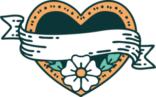 icono de estilo tatuaje de un corazón y pancarta con flores png