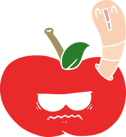 gusano de dibujos animados de estilo de color plano comiendo una manzana enojada png