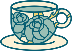 icône de style tatouage d'une tasse et de fleurs png