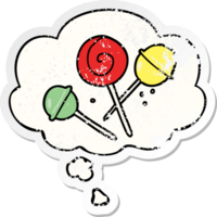 cartoon lollipop and thought bubble as a distressed worn sticker png