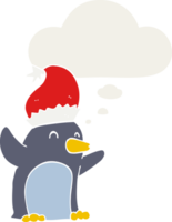 lindo pingüino de navidad de dibujos animados y burbuja de pensamiento en estilo retro png