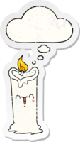 cartoon happy candle and thought bubble as a distressed worn sticker png