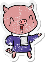 distressed sticker of a happy cartoon pig in winter clothes png