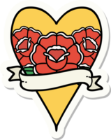 tatoeëren stijl sticker van een hart en banier met bloemen png