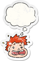 cartoon frightened face and thought bubble as a distressed worn sticker png