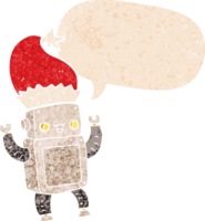 cartoon christmas robot with speech bubble in grunge distressed retro textured style png