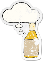 cartoon beer bottle with thought bubble as a distressed worn sticker png