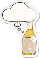 dessin animé Bière bouteille avec pensée bulle comme une affligé usé autocollant png