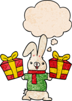 cartoon rabbit with christmas presents with thought bubble in grunge texture style png