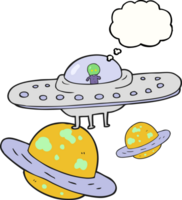 main tiré pensée bulle dessin animé en volant soucoupe dans espace png