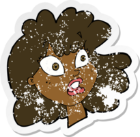 retro distressed sticker of a cartoon shocked female face png