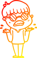 warm gradient line drawing of a cartoon confused boy wearing spectacles png