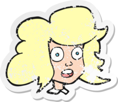 retro distressed sticker of a cartoon surprised female face png