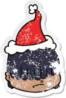 hand drawn distressed sticker cartoon of a face with hair over eyes wearing santa hat png