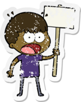 distressed sticker of a cartoon shocked man with placard png