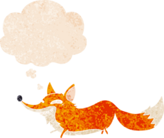 cartoon sly fox with thought bubble in grunge distressed retro textured style png