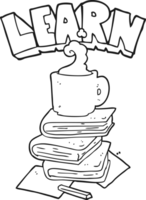 hand drawn black and white cartoon books and coffee cup under Learn symbol png