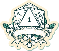 Retro Tattoo Style natural one d20 dice roll png