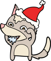 hand drawn line drawing of a hungry wolf wearing santa hat png