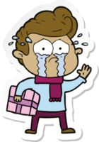 sticker van een cartoon huilende man met cadeau png