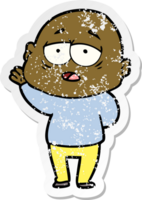 distressed sticker of a cartoon tired bald man png